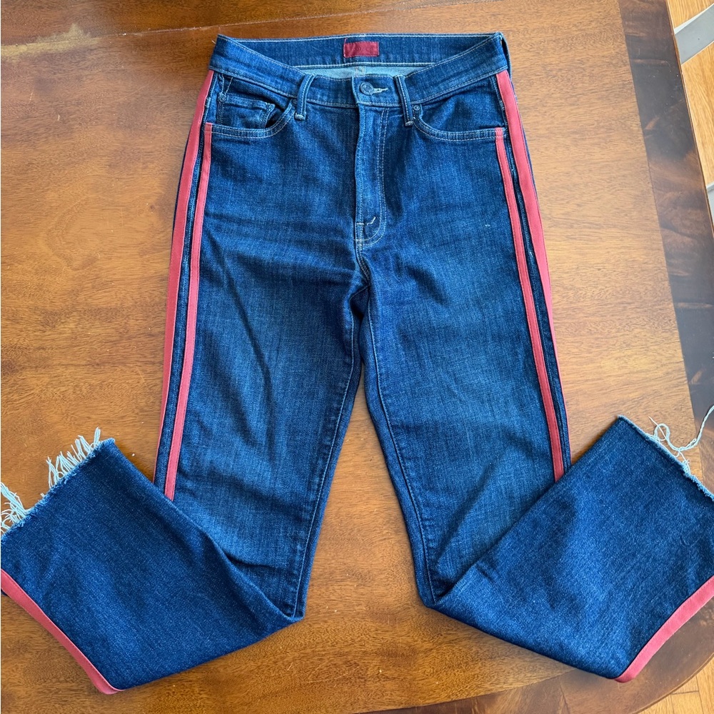 Mother jeans, red stripe, raw hem, size 26.